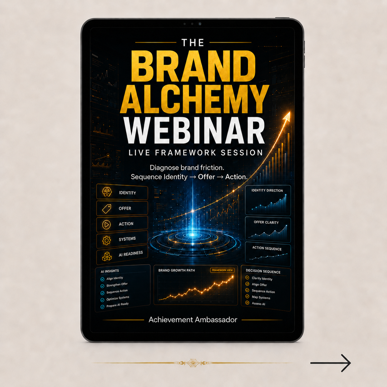 Abstract black, gold, and cyan brand architecture system displayed on a tablet