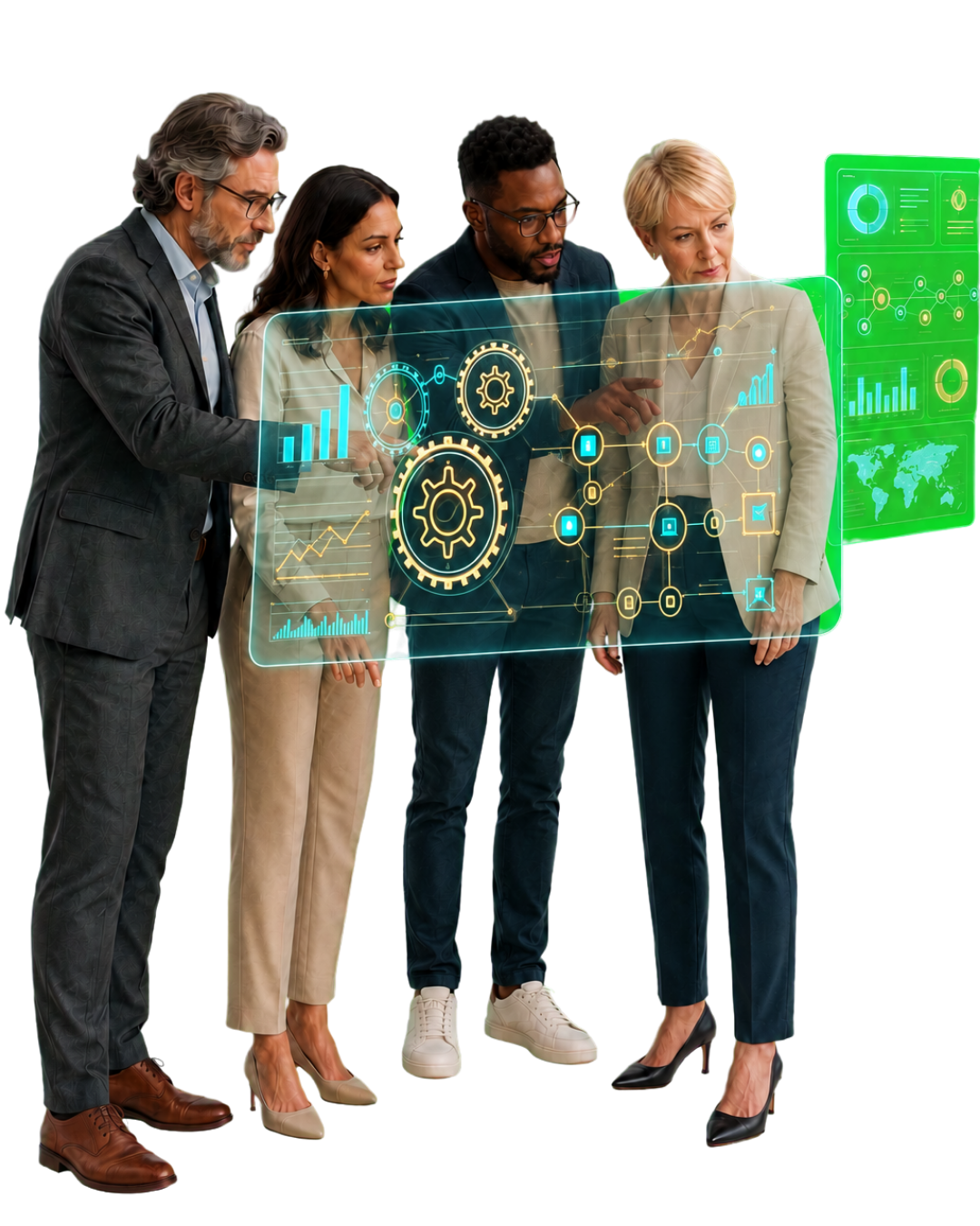 Operating team reviewing an AI implementation dashboard